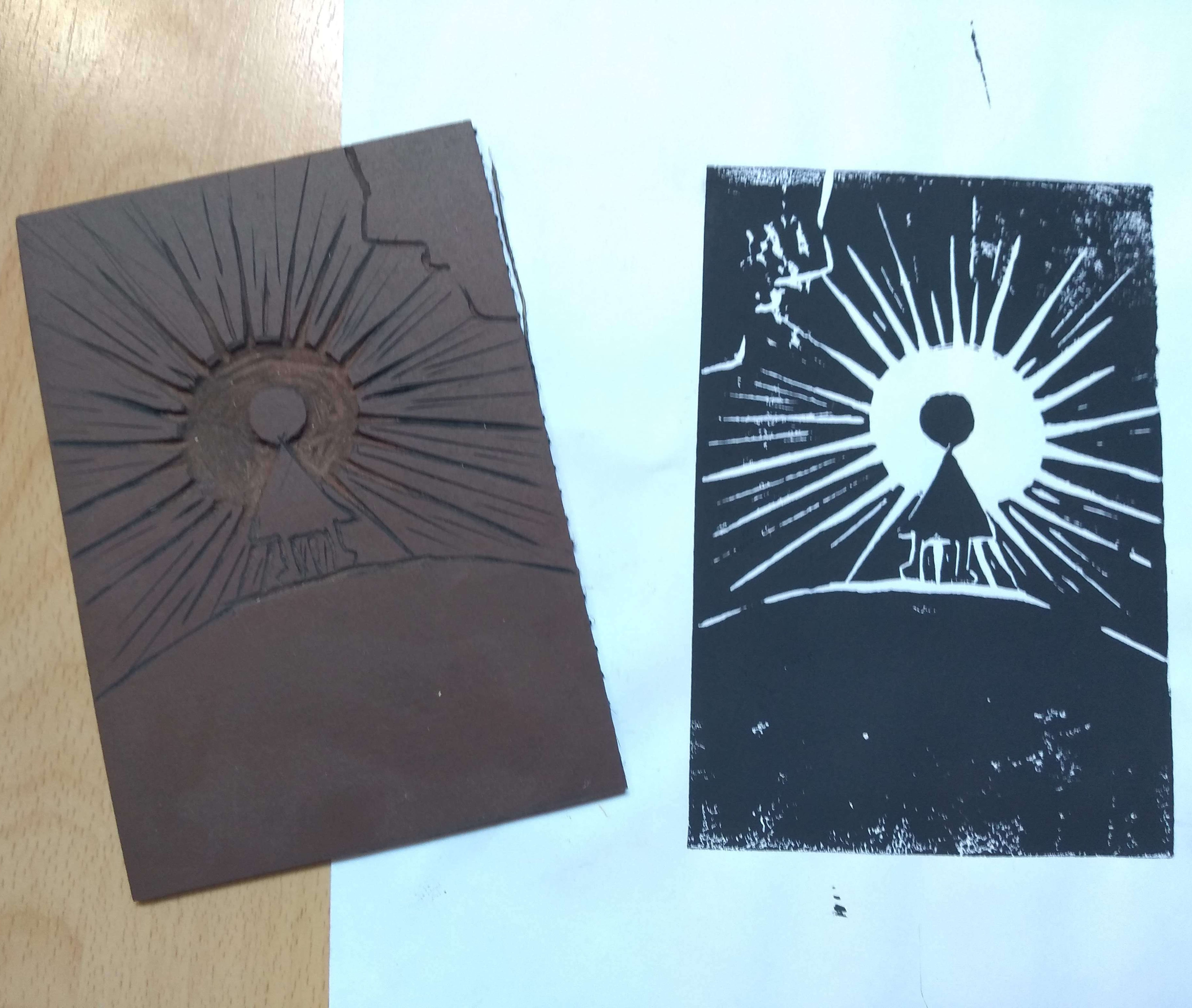 linocut of a simple character in the light